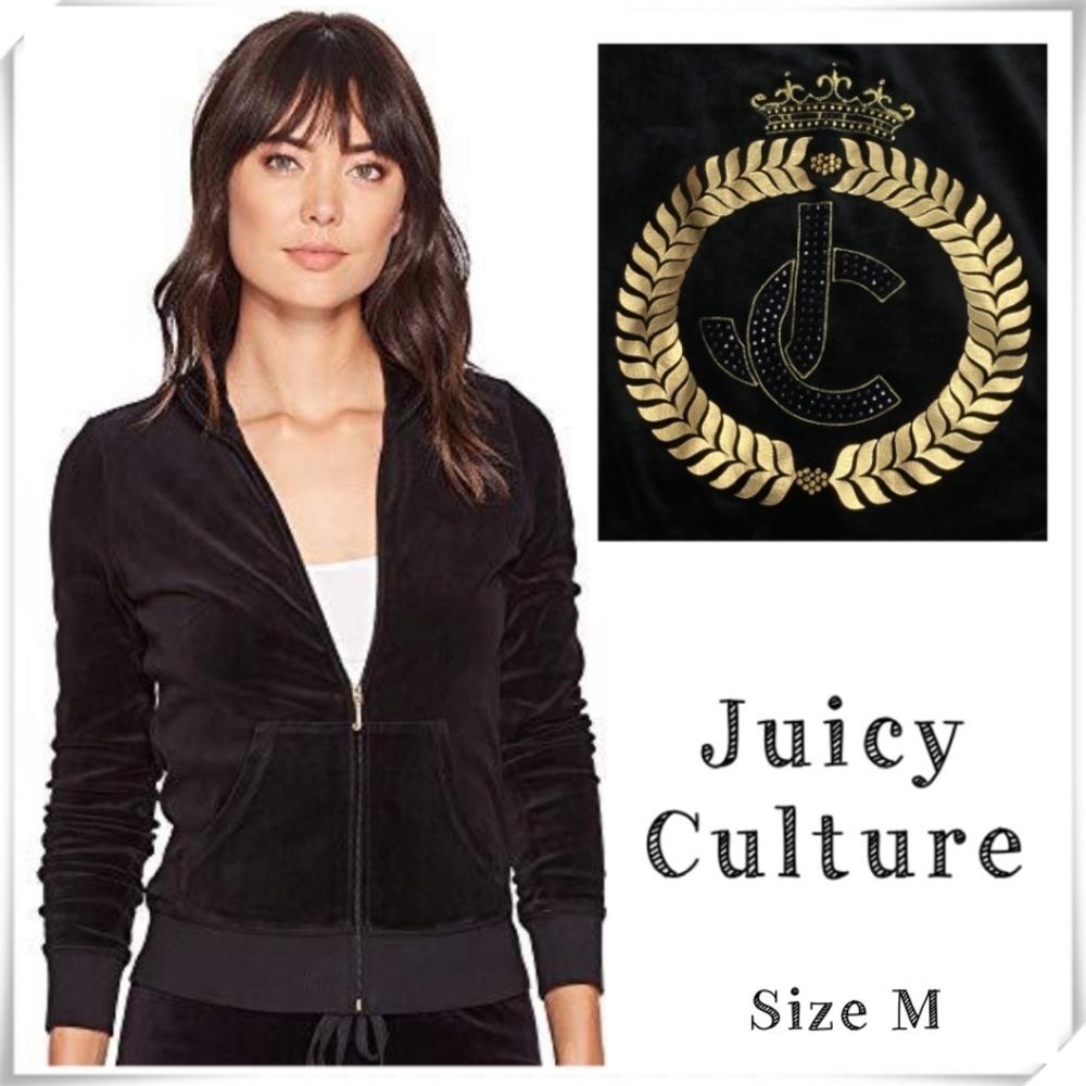JUICY Culture Rare Velour JC Rhinestone Gold logo Velvet Track Hood Jacket Black